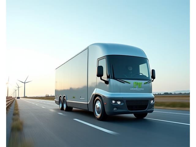 Moderne, milieuvriendelijke vrachtwagen op een snelweg met windmolens op de achtergrond.
