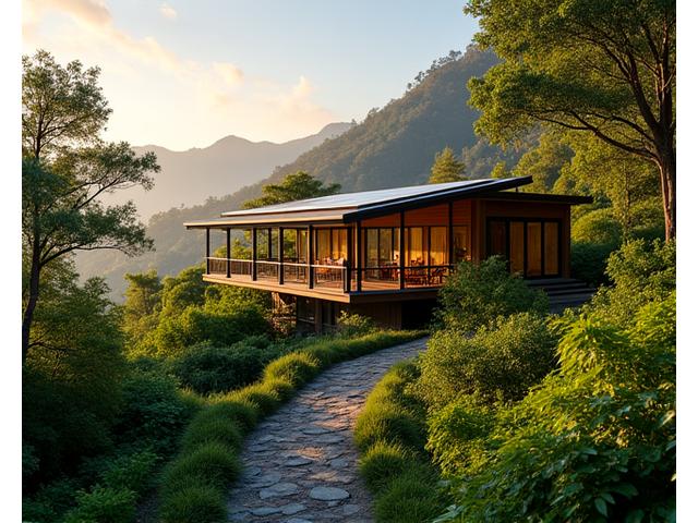 Eco-lodge in een groene, weelderige omgeving.